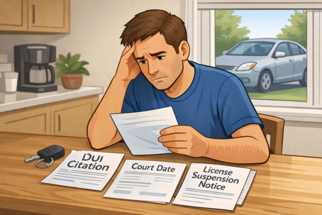 Man sitting at a kitchen table reviewing DUI citation, court date notice, and license suspension paperwork after a DUI arrest in South Carolina.